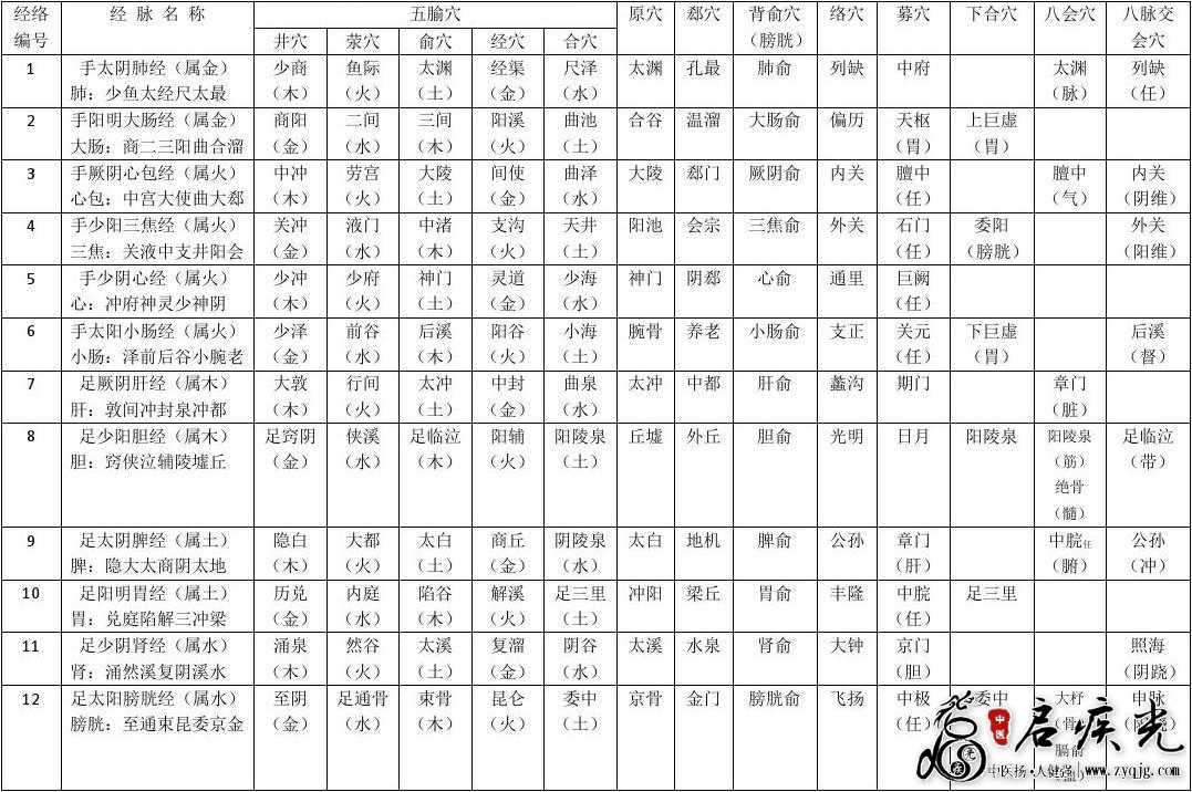 12正经上五输穴、原穴郄穴络穴募穴、背俞穴、八会穴和八脉交会穴汇总图